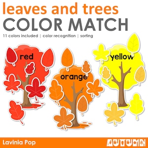 Puede incluir: Una actividad educativa imprimible para niños con tres árboles con hojas rojas, naranjas y amarillas. Los árboles están etiquetados con los nombres de los colores "rojo", "naranja" y "amarillo". El título de la actividad es "leaves and trees COLOR MATCH". El texto "11 colores incluidos | reconocimiento del color | clasificación" también está incluido. El texto "Lavinia Pop" y "AUTUMN" se encuentra en la parte inferior de la imagen.