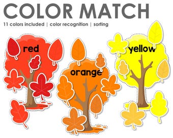 Pode incluir: Uma atividade educacional imprimível para crianças com três árvores com folhas vermelhas, laranja e amarelas. As árvores são etiquetadas com os nomes das cores "vermelho", "laranja" e "amarelo". O título da atividade é "leaves and trees COLOR MATCH". O texto "11 cores incluídas | reconhecimento de cores | classificação" também está incluído. O texto "Lavinia Pop" e "AUTUMN" está na parte inferior da imagem.