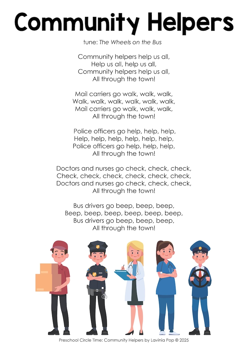 Community Helpers Preschool Theme Curriculum Printables |  Preschool Circle Time Lessons & Activities | Prek, Daycare, Homeschool Currciulum | Community Helper Activities | Worksheets | Preschool Songs | Preschool Activities | Posters | Crafts |