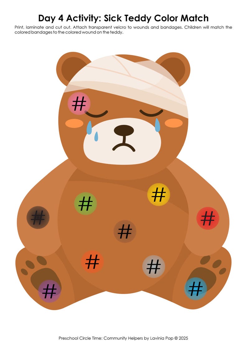 Sick Teddy Community Helpers Preschool Theme Curriculum Printables |  Preschool Circle Time Lessons & Activities | Prek, Daycare, Homeschool Currciulum | Community Helper Activities | Worksheets | Preschool Songs | Preschool Activities | Posters |