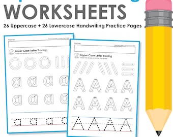 May include: Alphabet tracing worksheets with 26 uppercase and 26 lowercase handwriting practice pages. The worksheets feature letter tracing exercises for both uppercase and lowercase letters. A large yellow pencil with a pink eraser is in the background.