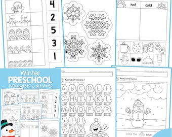 May include: A set of printable winter-themed preschool worksheets and activities. The worksheets include activities such as number matching, alphabet tracing, sorting, and coloring. The worksheets feature images of snowmen, snowflakes, mittens, and other winter-related objects.