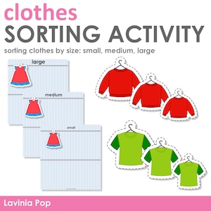 May include: A sorting activity for kids featuring three different sizes of clothing: small, medium, and large. The clothing items include a red sweater, a red t-shirt, a green t-shirt, and a red dress. The activity is designed to help children learn about size and sorting.