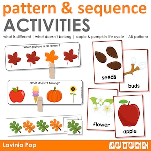 May include: A printable worksheet with autumn-themed activities for children. The worksheet includes images of leaves, seeds, buds, flowers, apples, and pumpkins. The text on the worksheet reads "pattern & sequence activities" and "what is different | what doesn't belong | apple & pumpkin life cycle | AB patterns".