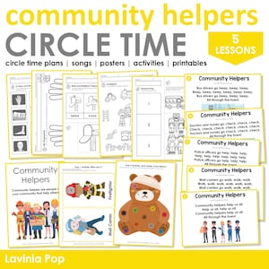 May include: A set of printable educational resources for preschool and kindergarten classrooms. The colorful worksheets feature community helpers such as firefighters, mail carriers, police officers, doctors, and bus drivers. The worksheets include activities such as sequencing, color matching, and identifying community helpers. The title of the resource is "Community Helpers Circle Time" and it includes 5 lessons.