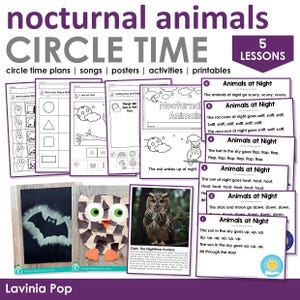 May include: Educational printable set titled "Nocturnal Animals Circle Time" with 5 lessons. Includes worksheets, posters, and activities. Features an owl illustration and the text "The owl wakes up at night."
