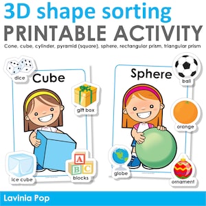 May include: A colorful educational printable activity titled "3D shape sorting". The image features illustrations of a cube and a sphere, with related objects like a gift box, ice cube, and orange. The text includes shape names.