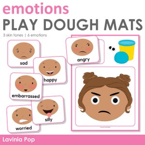 May include: Play dough mats with six different facial expressions: sad, happy, embarrassed, worried, silly, and angry. Each expression is on a separate card with a white background and pink border. The cards are designed for use with play dough.
