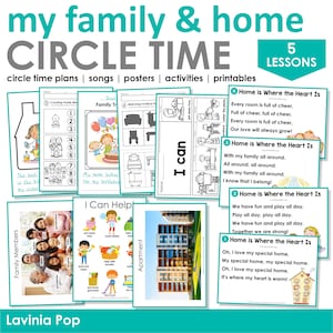 May include: A set of printable educational resources for preschool or kindergarten. The colorful worksheets feature activities related to family and home, including counting, matching, and writing. The title of the resource is "My Family & Home Circle Time" and there are five lessons included.