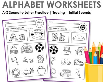 Science of Reading Alphabet Arbeitsblätter A–Z | Druckbare Phonics Übungs-, Buchstaben- und Anfangs-Geräusch für den Kindergarten