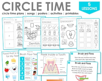 May include: A set of five printable worksheets for teaching children about dental health. The worksheets include activities such as sequencing, identifying differences, sorting foods, brushing and flossing, and learning about the parts of a tooth. The worksheets are black and white and feature illustrations of teeth, dentists, and food.