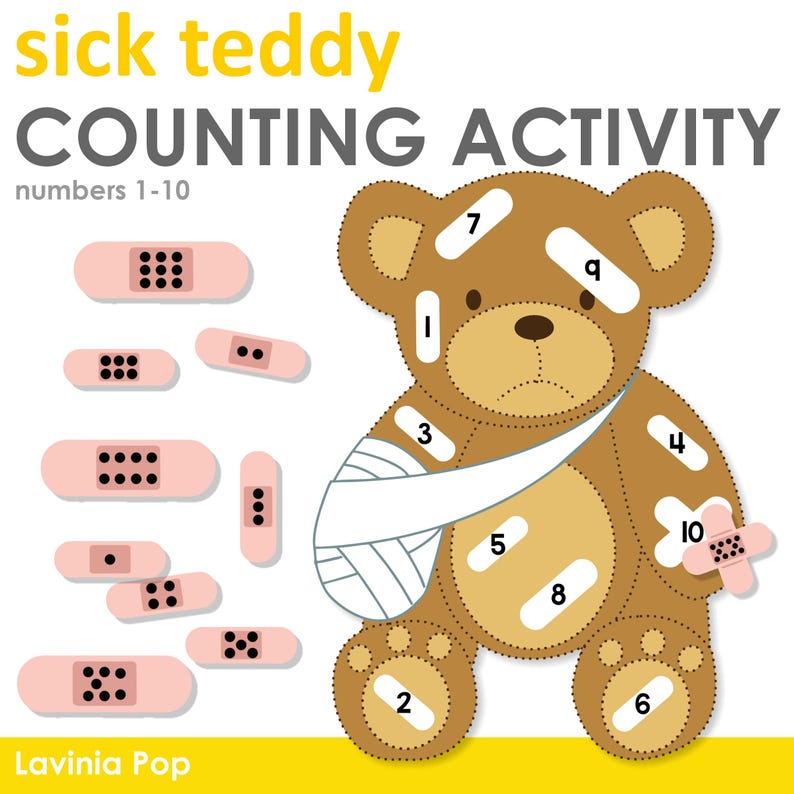 Sick Teddy Counting Activity printable for preschool and kindergarten math centers. Children match number bandages 1–10 to the teddy bear with numbered spots, helping them practice counting, number recognition, and fine motor skills. This engaging dramatic play printable includes a teddy bear graphic, bandage cutouts, and interactive learning fun. Perfect for back to school, small group work, centers, and homeschool math activities.