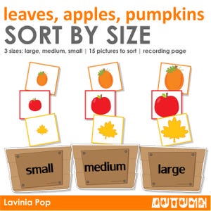 May include: A printable educational activity for sorting autumn leaves, apples, and pumpkins by size. The activity includes 15 images to sort into three categories: small, medium, and large. The text "leaves, apples, pumpkins SORT BY SIZE" is at the top of the image. The text "3 sizes: large, medium, small | 15 pictures to sort | recording page" is below the title.