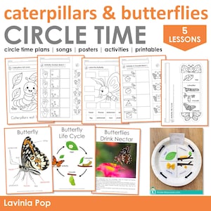 May include: A set of printable educational worksheets and activities for preschool and kindergarten children about caterpillars and butterflies. The worksheets include a butterfly life cycle, butterfly number match, label the butterfly, butterflies drink nectar, and a caterpillar eat leaves activity. The set includes 5 lessons and is titled "Caterpillars & Butterflies Circle Time".