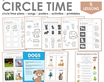 May include: A set of printable educational worksheets for preschoolers featuring a variety of activities related to pets, including sorting animals, matching pets to their shadows, and identifying pet sounds. The worksheets are black and white and feature illustrations of dogs, cats, birds, rabbits, and turtles. The title of the set is "Pets Circle Time" and includes the text "5 Lessons".