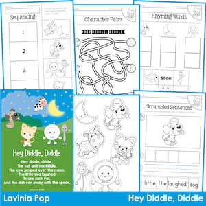May include: Educational worksheets for children featuring the nursery rhyme "Hey Diddle Diddle." Includes sequencing, character matching, rhyming words, and scrambled sentences activities. The illustrations are in black and white, with a playful design.