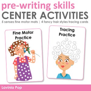 May include: Educational cards for pre-writing skills. The cards feature illustrations for fine motor practice and tracing practice. The text on the cards reads "Fine Motor Practice" and "Tracing Practice". The cards are designed for center activities.