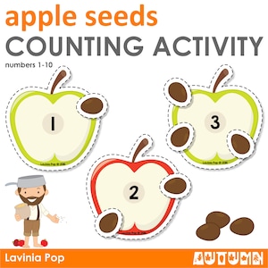 May include: A printable counting activity featuring apple seeds. The image shows a cartoon farmer, apples with seeds, and numbers 1-3. The text "apple seeds counting activity" and "numbers 1-10" is included in the image.