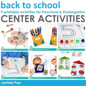 May include: A collection of printable preschool and kindergarten activities. The image includes a palette with letters, crayon illustrations, number tracing, and flashcards with words and images. The text reads "back to school" and "CENTER ACTIVITIES".
