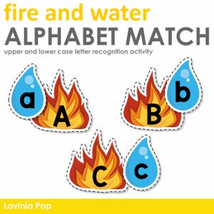 Könnte beinhalten: Ein Alphabet-Zuordnungsspiel für Kinder. Das Spiel zeigt Groß- und Kleinbuchstaben A, B und C. Die Buchstaben befinden sich auf Feuer- und Wassertropfen.