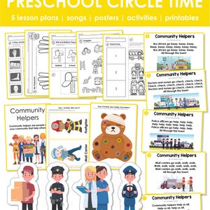 Community Helpers Preschool Theme Curriculum Printables |  Preschool Circle Time Lessons & Activities | Prek, Daycare, Homeschool Currciulum | Community Helper Activities | Worksheets | Preschool Songs | Preschool Activities | Posters | Crafts |