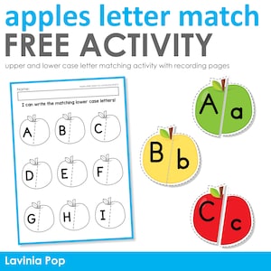 May include: Educational activity sheet with the text "apples letter match FREE ACTIVITY". The sheet includes a matching game with upper and lower case letters, and three apple cutouts with the letters A, B, and C. The background is white with a blue border.