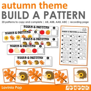May include: Educational autumn-themed activity set with the text "BUILD A PATTERN". Includes pattern cards with images of apples, hedgehogs, and leaves, plus a recording page. The color palette features orange, yellow, and brown.