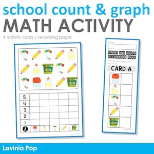 May include: A printable worksheet for children to practise counting and graphing. The worksheet features a colourful image of school supplies, including crayons, glue, pencils, and a pencil box. The worksheet includes a grid for graphing the number of each item.