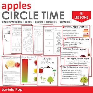 May include: A set of five printable apple-themed circle time lesson plans for preschoolers. The lessons include activities like counting apple seeds, sequencing, and learning about the apple life cycle. The set also includes a recipe for applesauce and a song about apples.