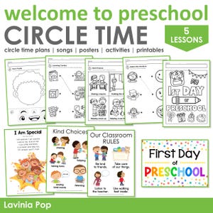 May include: A collection of preschool learning materials with the text "welcome to preschool CIRCLE TIME". Includes printable activities, posters, and lessons. Features colorful illustrations and the text "First Day of Preschool".