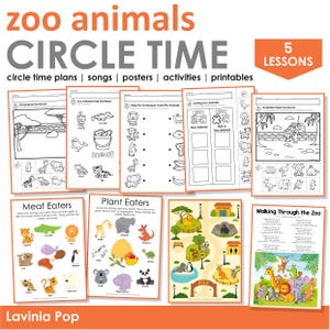 Op de afbeelding: Een verzameling afdrukbare educatieve materialen voor een dierentuin-thema cirkeltijd. De materialen omvatten lesplannen, liedjes, posters, activiteiten en printables. De titel "Zoo Animals Circle Time" wordt bovenaan weergegeven, met de tekst "5 Lessen" in een oranje banner.