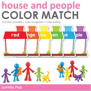Può includere: Un gioco di abbinamento dei colori per bambini con una casa con sei porte di diversi colori e una famiglia di figure stilizzate in colori corrispondenti. Il testo sull'immagine recita "house and people COLOR MATCH 10 colori inclusi | riconoscimento dei colori | ordinamento dei colori".