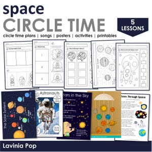 May include: A set of educational printables with a space theme. The collection includes worksheets on topics such as the solar system, sequencing, and counting, with illustrations of planets, rockets, and astronauts. The title "Space Circle Time" is displayed at the top.
