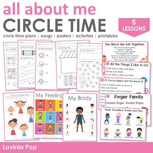 May include: Black and white printable worksheets for circle time activities. The worksheets include activities like tracing a rainbow, matching emotions, and identifying letters in a child's name. The worksheets are titled "All About Me Circle Time" and feature a pink banner with the text "5 Lessons".