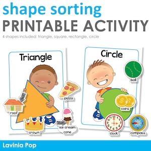 May include: Printable activity sheet for kids to learn about shapes. The sheet features two illustrations of children holding a triangle and a circle. The sheet includes images of objects that are shaped like a triangle and a circle, such as a roof, a pizza, an ice cream cone, a crown, a ball, coins, a clock, and a compass.