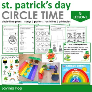 May include: A set of five printable St. Patrick's Day circle time lesson plans for preschoolers. The lessons include activities like labeling a leprechaun, counting gold coins, and matching shamrock patterns. The lessons also include a printable rainbow color chart and a craft activity for making a leprechaun chain.