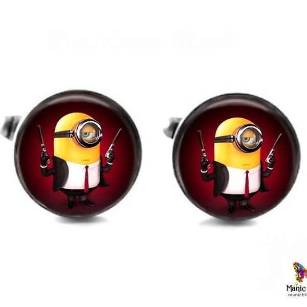 Minion Cufflinks | Secret Agent Minion Stainless Steel and Glass Art Cufflinks | Made in USA