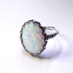 Large Opal Ring | White Opal Ring 13mm x 18mm | Lab Opal Ring Solid 925 Sterling Silver Adjustable Opal Statement Ring