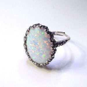 Adjustable Sterling Silver Lab Opal Ring: Floral Statement Ring