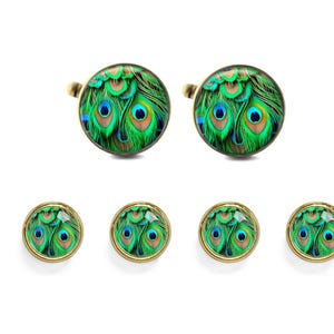 Peacock Feather Shirt Studs and Cufflinks | Gold or Silver Green Peacock Tuxedo Studs and Cufflinks | Made in USA
