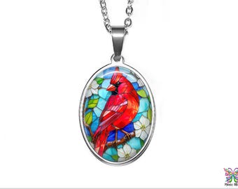 Cardinal Pendant: Stained Glass Style, Stainless Steel Necklace, Handmade USA