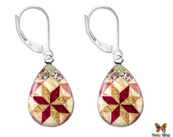 Quilt Star Earrings: Art Glass or Resin Teardrop, Sterling Silver Leverbacks