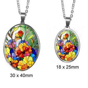 Stained Glass Flowers Photo Pendant | 40mm x 30mm, 25mm x 18mm Stainless Steel Glass Photo Necklace | Handmade in the USA