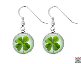Shamrock Earrings: Four leaf Clover St. Patrick's jewelry, Sterling Silver, Handmade