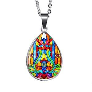 Stained Glass Teardrop Pendant: Colorful Stainless Steel Necklace, Handmade USA