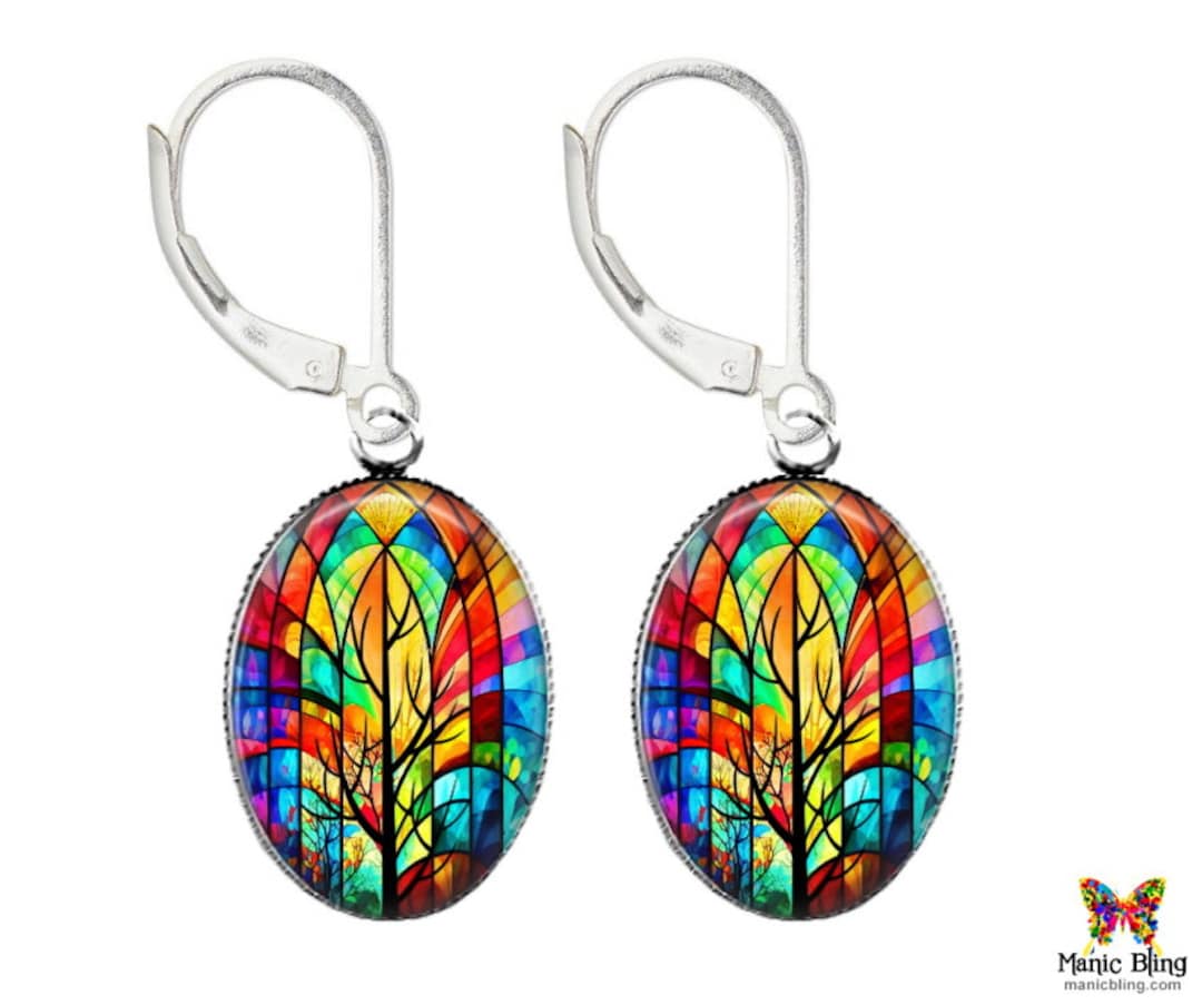 Stained Glass Tree Earrings Sterling Silver Earrings Art Glass Earrings