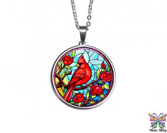 Stained Glass Cardinal Pendant | Colorful Art Glass Pendant | Hypoallergenic Stainless Steel Glass Photo Necklace | Handmade in the USA