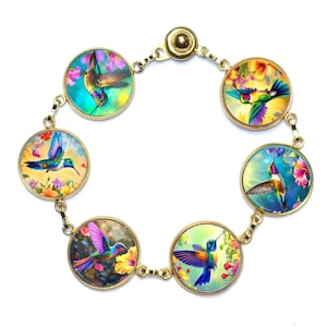 Hummingbird Photo Bracelet: Stainless Steel Glass Cabochons, Handmade USA