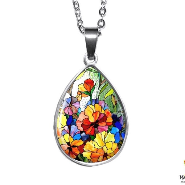 Stained Glass Pendant | Colorful Teardrop Stainless Steel Glass Photo Necklace | Handmade in the USA