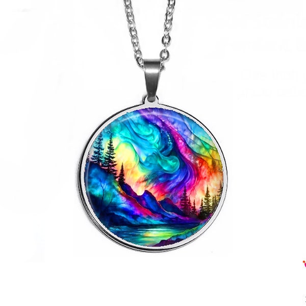 Aurora Borealis Art Pendant: Colorful Glass Photo Necklace, Hypoallergenic Stainless Steel